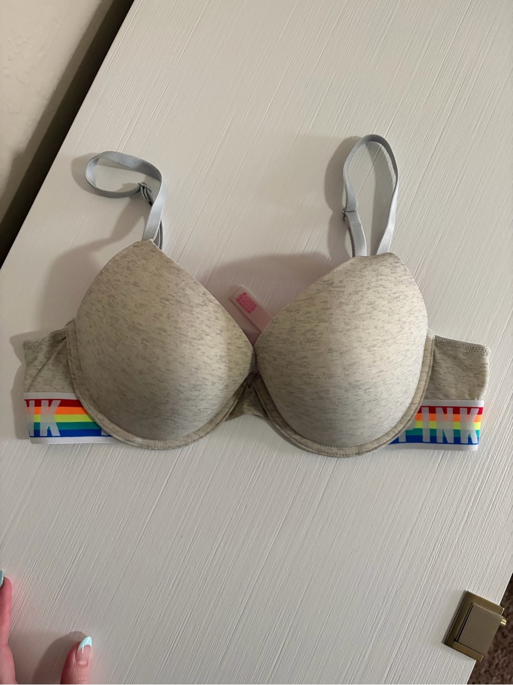 🌈🎀PINK VS Heather Gray Molded Push Up T-Shirt Bra & Rainbow Band🌈🎀